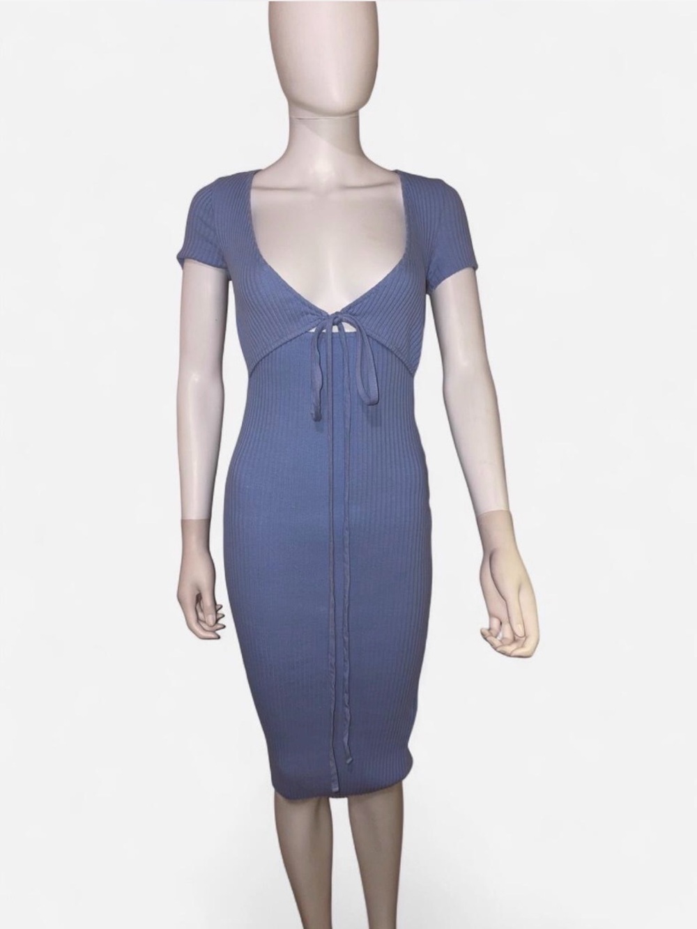 Zara Blue Ribbed Tie-Front Midi Dress